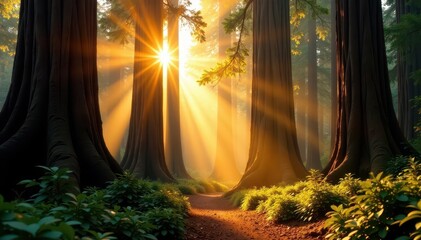 Golden sunlight streams through towering redwoods , sunrays, giant trees, sun