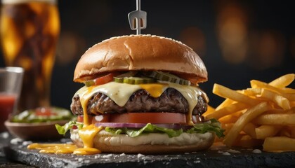 Delicious Beef Burger with Cheese, Vegetables, and French Fries