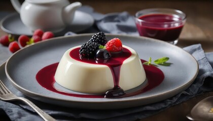 Creamy dessert with berry sauce and fresh fruits on elegant plate