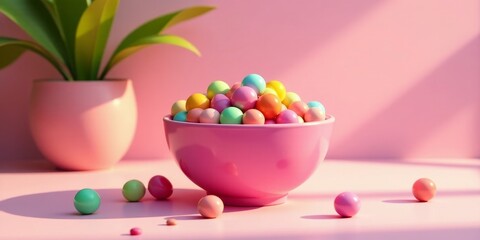 Pastel colored spheres in a pink bowl on a pink surface with a plant in the background