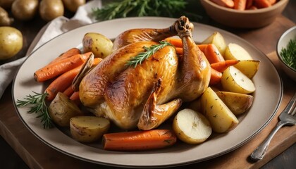 Golden Roasted Chicken with Fresh Vegetables and Herbs on Plate