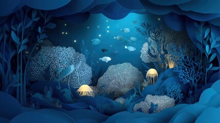 Paper cut style underwater scene with fish and coral reef, symbolizing ocean life and tranquility. Perfect for wallpaper, book illustrations, and educational materials.