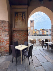 bar in piazza della vittoria a lodi in italia, cafe in vittoria square in lodi city in italy 