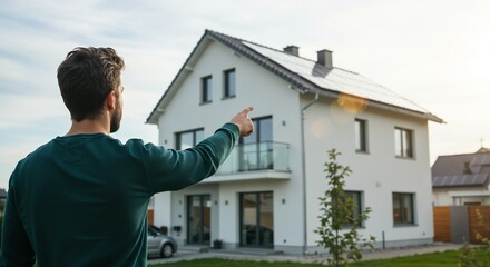The image depicts a man standing in front of a house, pointing at it with his right hand, as if he is showcasing the solar panels on the roof; the scene is set against a serene backdrop.