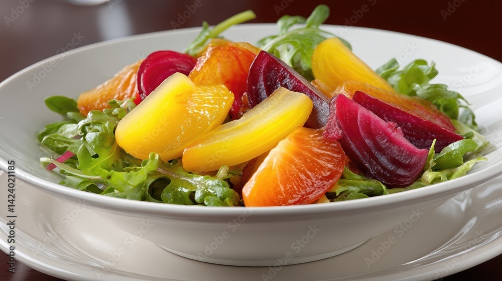 Poster fresh and colorful beet salad with citrus and greens at a local restaurant during lunch