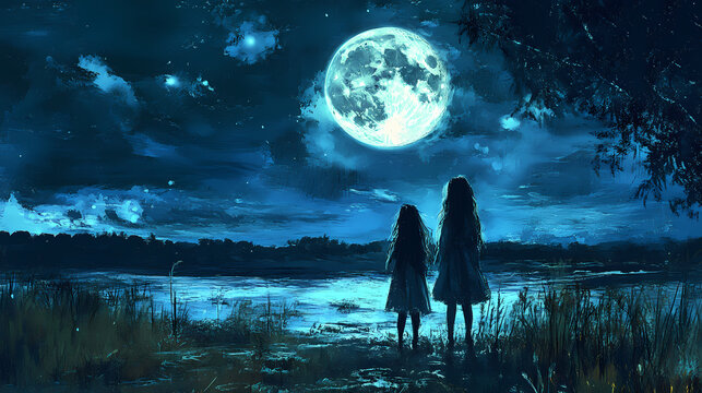 Two girls looking up at the moon in night sky, rear view, neural network generated art. digitally generated image. not based on any actual scene or pattern. Sleepwalker Current. Illustration
