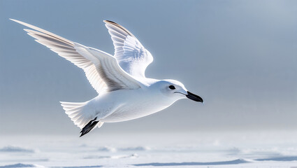 Obraz premium Ivory gull gliding over arctic ice floes with sunlight on feathers