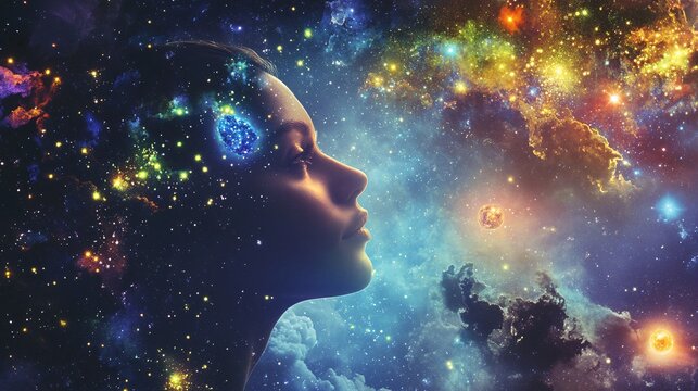 Woman with universe background is feeling spiritual energy and connecting with cosmos