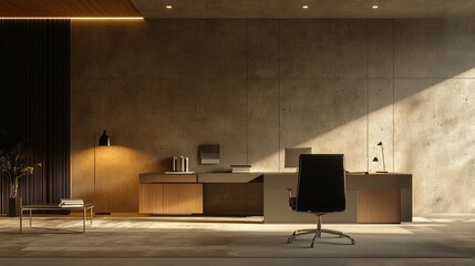 Modern Minimalist Office Workspace Design Concrete Wall Wooden Desk Luxury Interior Sunlight room home calm gray style chair table decor clean brown  