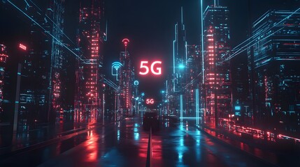 Fototapeta premium A vibrant network of glowing 5G towers with energy beams connecting to smart devices and vehicles, showcasing high-speed data flow and low latency in a futuristic urban setting, dynamic composition