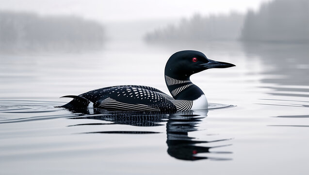 Majestic loon swimming calmly on a misty lake in natural habitat