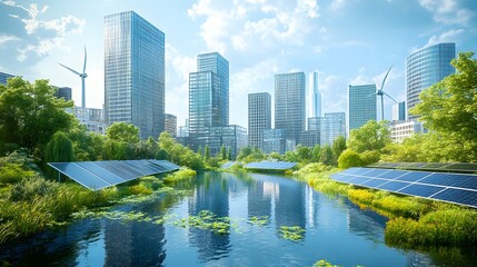 Fototapeta premium A green tech city powered by renewable energy, with solar panels, wind turbines, and energy-efficient skyscrapers, surrounded by nature blending seamlessly with technology, bright and optimistic atmos