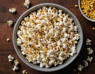 Freshly Popped Popcorn in Gray Bowl on Wooden Table Background