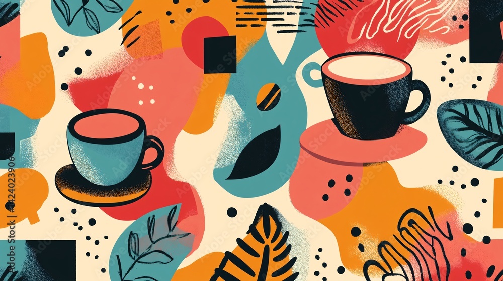 Poster seamless pattern with coffee cups and tropical leaves in a vibrant and playful retro style