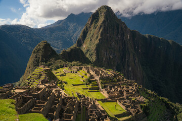 Machu Picchu Ancient City and World Wonder, Peruvian Andes Mountains, Historical Human sites, Inca Ruins, Cultural Sites, Stunning panoramic view of the iconic Machu Picchu, Ancient Ruins