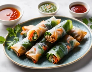 Fresh Vegetable Spring Rolls on Plate with Dipping Sauces