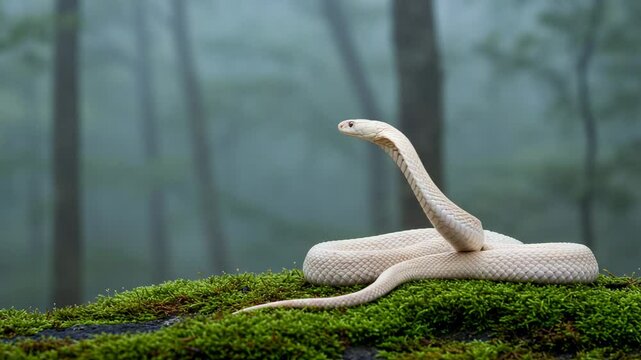 Serene white snake poised on mossy rock in misty forest, showcasing nature's beauty and tranquility - white king cobra