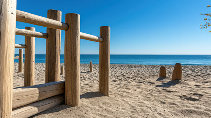 Beautiful Scenic View of Beach Workout Equipment with Calm Ocean and Clear Blue Sky