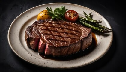 Grilled Beef Steak with Vegetables on a Dark Rustic Plate