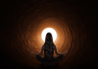 silhouette of a woman meditating in a lotus position in a tunnel of light