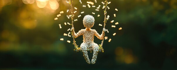 A whimsical scene of a child swinging amidst glowing sunlight and gentle nature.