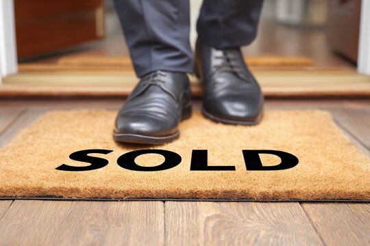 Welcome mat with sold sign and business shoes stepping out of doorway into new beginnings