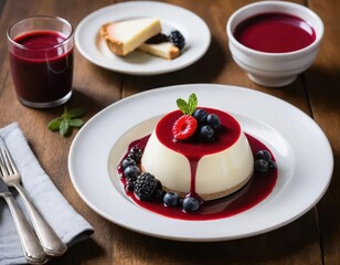 Delicious panna cotta dessert with berry sauce and mint garnish