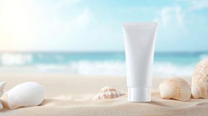 White cream tube on sandy beach, sunlight glistening, seashells scattered, blurred ocean waves in the background, tranquil coastal ambiance, inviting summer vibe