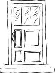 closed classic door with handle with glass window and steps leading to the door, hand drawing, black curved lines