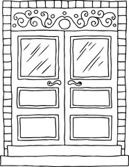 closed classic vintage double door with square patterned glass windows above the door with rectangular decorative elements and steps leading up to the door, hand drawing, black curved lines