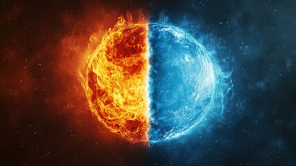 Obraz premium Celestial Duality: A striking image of a half-fiery, half-icy celestial body. It evokes a sense of balance between opposing forces of nature, light and darkness, heat and cold.