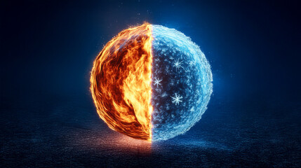 Fire and Ice: A 3D rendered sphere of fiery orange and icy blue represents the abstract concept of opposing forces, duality, and balance in the universe, with sparks and frosted snowflakes.
