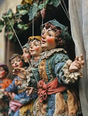 Obraz premium Vintage Marionettes with Expressive Faces Awaiting Their Performance On Stage