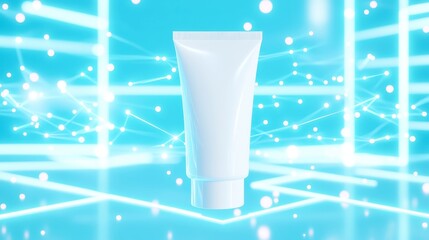 Floating white cream tube, suspended against a tech-inspired blue grid, illuminated by glowing data lines and particles, creating a futuristic ambiance.