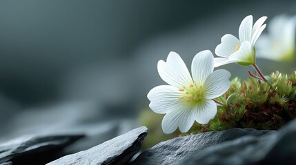 Close view of vibrant alpine flowers and moss growing among stones in a mountain environment