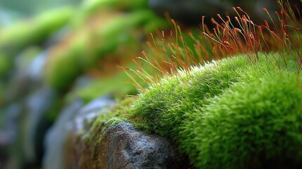 Vibrant close up of mountain moss and alpine flowers nestled between stones in natural habitat