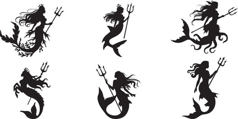 Six Silhouettes of Majestic Mermaids with Tridents