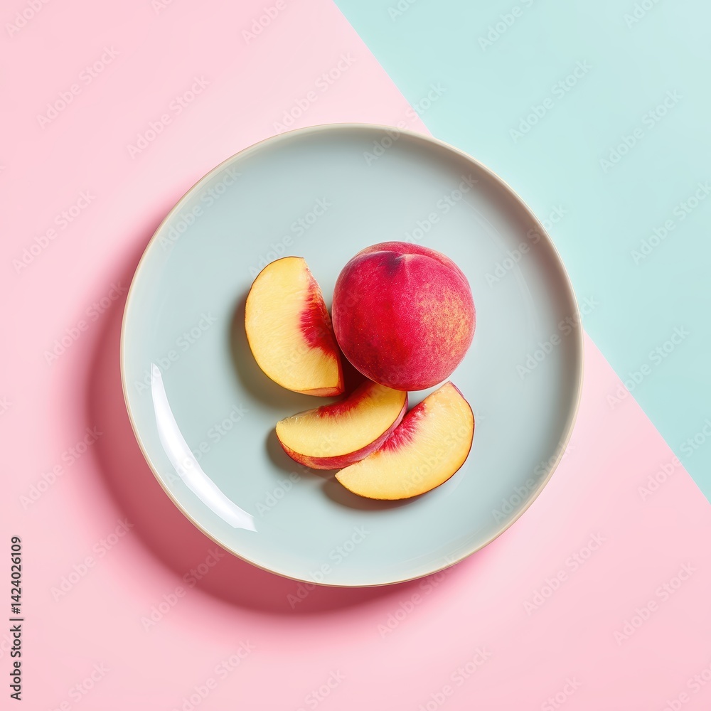 Poster peach slices arranged in geometric spiral on soft pastel plate with light shadows