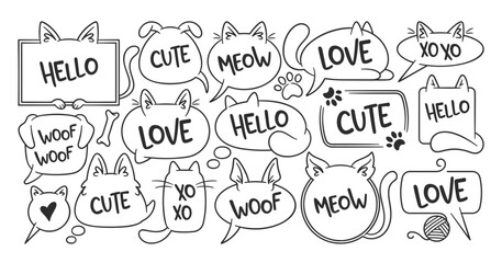 Chat speech bubbles frame in shape of cats and dogs with different funny text and abbreviation set
