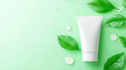 White cream tube on a green gradient eco-themed backdrop, adorned with fresh leaves and dew droplets, creating a vibrant and refreshing atmosphere.