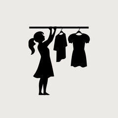 Girl Silhouette Choosing Dresses from Clothing Rack, Fashion Concept
