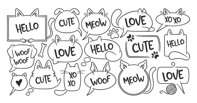Chat speech bubbles frame in shape of cats and dogs with different funny text and abbreviation set