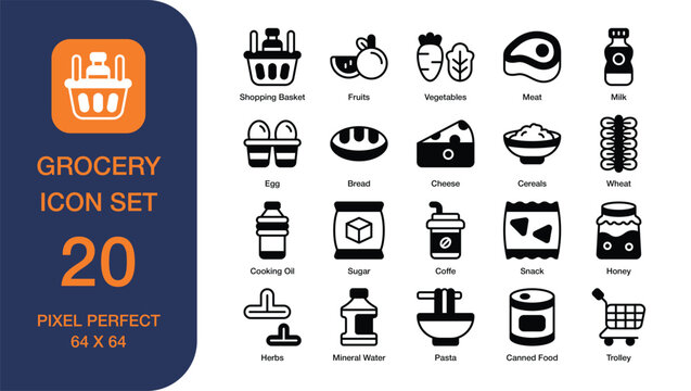 Grocery icon set of 20 items suitable for online food ordering platforms, grocery store websites, and recipe blogs.