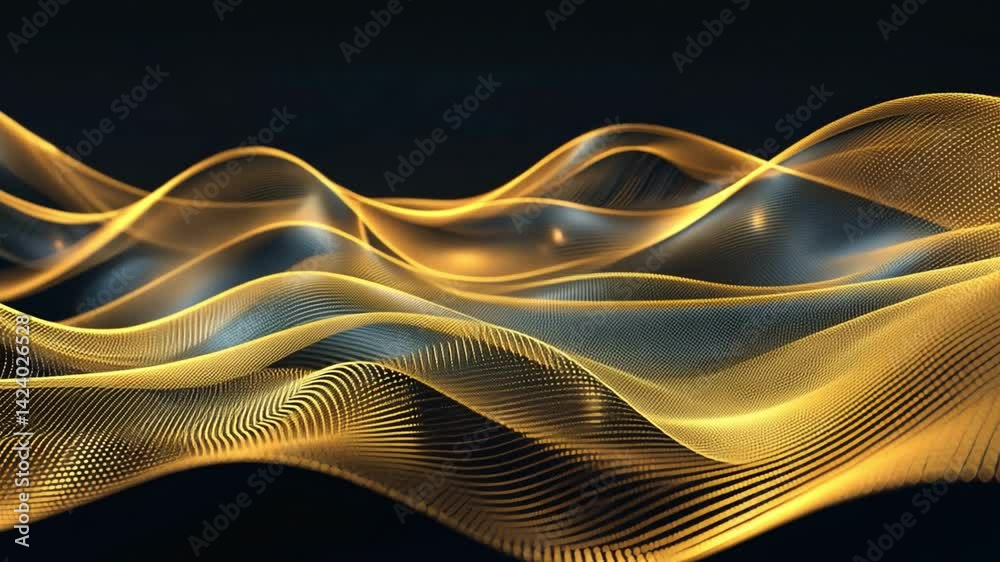Poster dynamic abstract waves golden fluid motion and energy in light and shadow, creating mesmerizing back