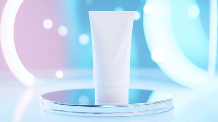 Futuristic Cream Display, unlabeled white cream tube resting on a sleek chrome platform, illuminated by cool blue lights, featuring holographic interface overlays, emphasizing modern design