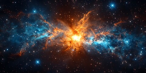 Fototapeta premium Vibrant supernova explosion radiates intense orange and yellow light, surrounded by glowing blue and orange gas filaments against distant stars in deep space. 