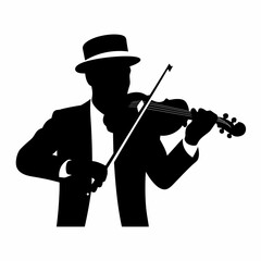 Silhouette of a violinist playing violin with hat isolated on white