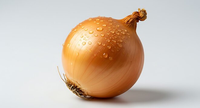 A whole, golden onion with water droplets, perfectly centered on a clean, white backdrop.