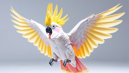 Sulphur crested cockatoo spreading its wings with its yellow crest fully displayed