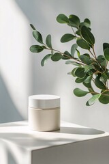 Cosmetic cream jar packaging mockup standing on white podium with eucalyptus branch